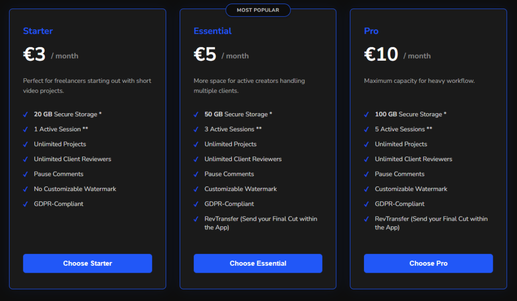 Screenshots der Preistabelle von RevCut